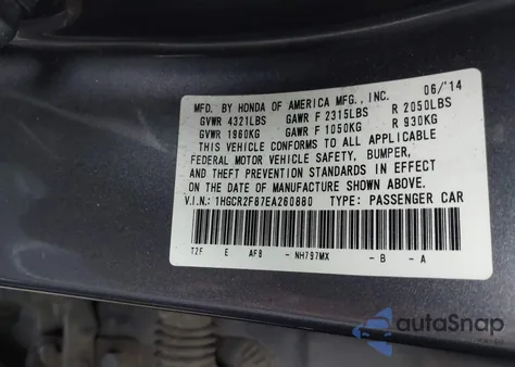 2014 Honda Accord Ex-L z USA, uszkodzony, nr VIN 1HGCR2F87EA260880